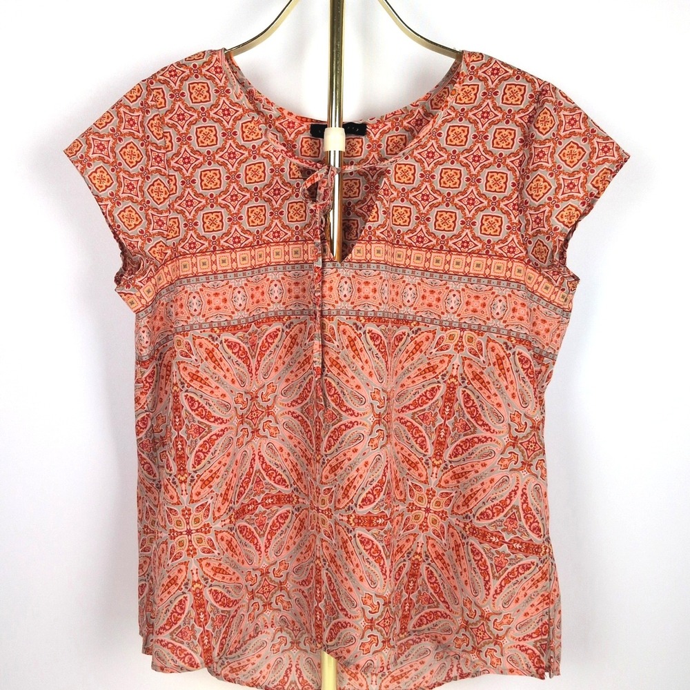 Sanctuary Women Large Blouse Orange Paisley Geometric Tie Neck Cap Sleeve Top